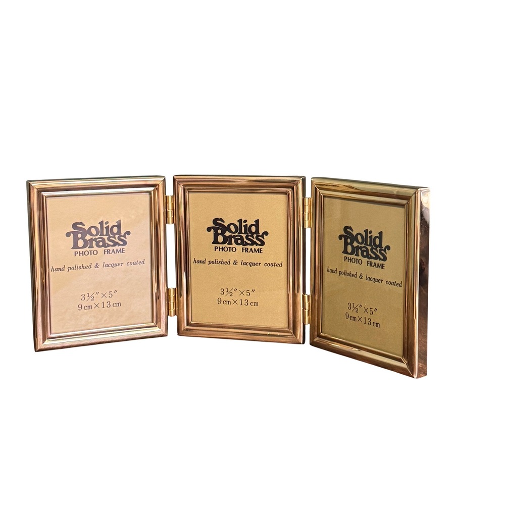 Vintage Solid Brass Triple Folding Picture Frame Triptych 3.5x5 Gold Tone